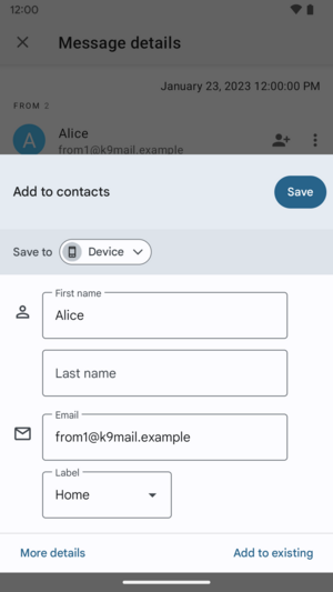 Screenshot of Google contacts app with "insert" action