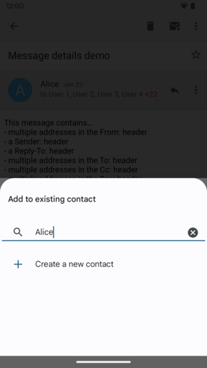 Screenshot of Google contacts app with "insert or edit" action
