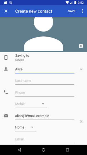 Screenshot of AOSP contacts app with "insert" action